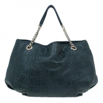 Carolina Herrera Green Monogram Embossed Dahlia Hobo