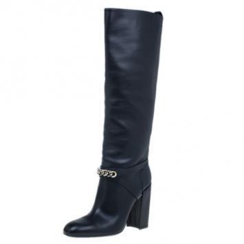 Saint Laurent Paris Black Leather ‘New Chyc 105′ Chain Link Knee Length Boots Size 39.5