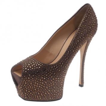 Giuseppe Zanotti Grey Crystal Coated Suede Exaggerated Peep Toe Platform Pumps Size 39.5