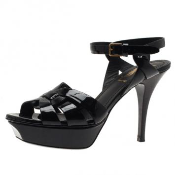 Saint Laurent Paris Black Patent Leather Platform Tribute Sandals Size 36