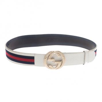 Gucci White Leather Web Detail Interlocking G Buckle Belt 80CM
