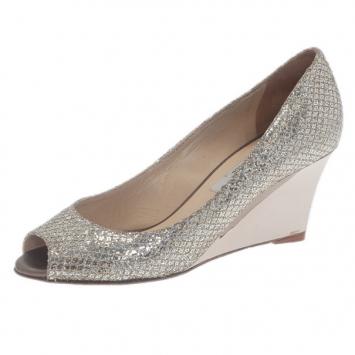 Jimmy Choo Silver Glitter Baxen Peep Toe Wedge Pumps Size 36