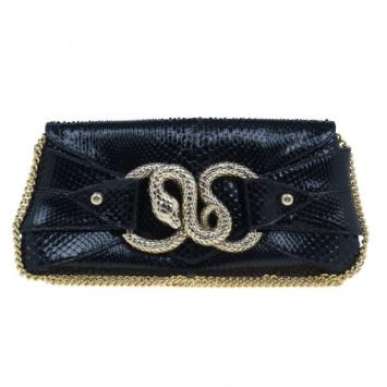 Roberto Cavalli Black Python Embellished Elaphe Clutch