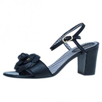 Chanel Black Camellia Leather Sandals Size 39