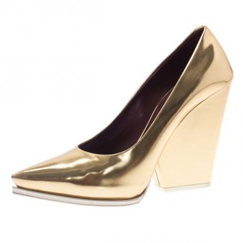 Celine Gold Leather Pointy Silhouette Pumps Size 37.5