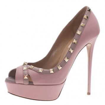 Valentino Pink Leather Rockstud Crisscross Platform Pumps Size 38.5