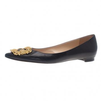Manolo Blahnik Black Leather Hangisi Ballet Flats 39.5