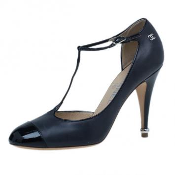 Chanel Black Leather CC T Strap Pumps Size 39