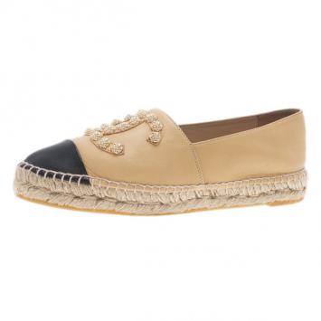 Chanel Beige Leather Camellia Studded Espadrilles Size 38