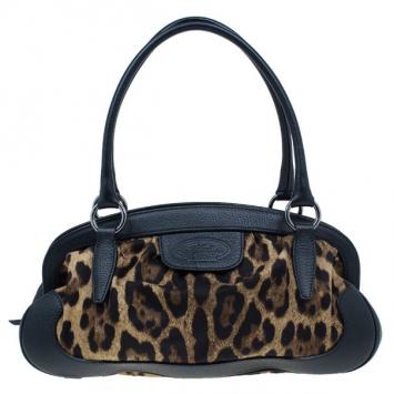 Dolce And Gabanna Black Trim Leopard Print Medium Satchel