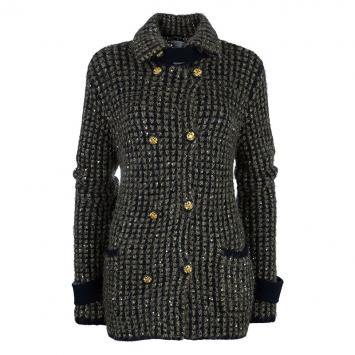 Pre Owned Chanel Navy Blue Metallic Knit Jacket M