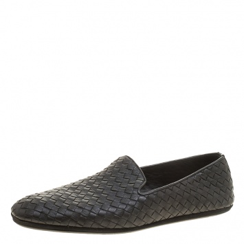 Pre Owned Bottega Veneta Black Intrecciato Leather Loafers Size 44
