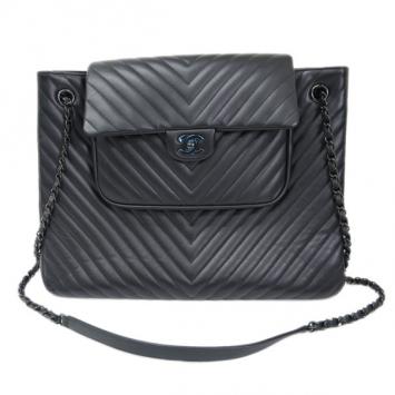 Chanel Black Calfskin Chevron Shopping Tote
