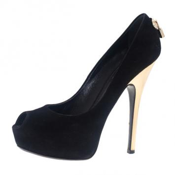 Louis Vuitton Black Suede Oh Really! Peep Toe Platform Pumps Size 37.5