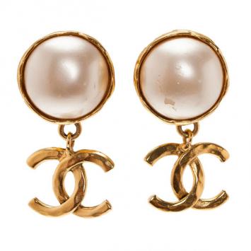 Chanel Vintage Faux Pearl CC Logo Gold Tone Earrings