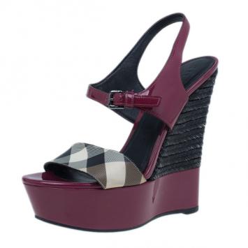 Burberry Burgundy Patent and Canvas Platform Espadrille Wedge Sandals Size 35.5