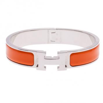 Hermes Clic Clac H Orange Enamel Palladium Plated Bracelet PM