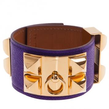 Hermes Colier de Chien Purple Leather Gold-Plated Bracelet S