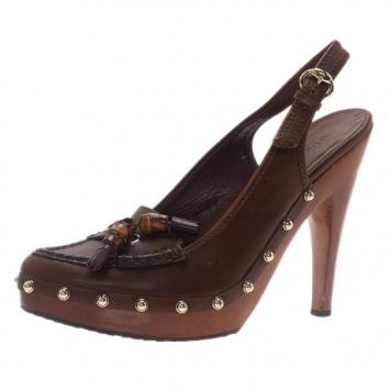 Gucci Brown Leather Bamboo Tassel Loafer Slingback Sandals Size 40