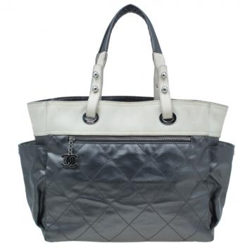 Chanel Metallic Grey Coated Canvas Large Quilted Paris Biarritz  Tote
