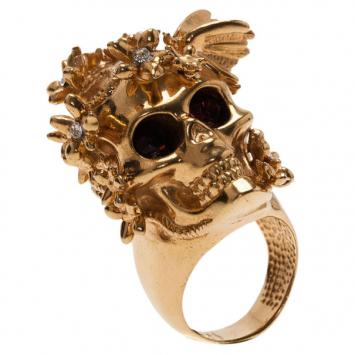 Alexander Mcqueen Gold Butterfly And Flower Skull Ring Size 54.5