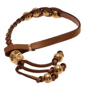 Alexander McQueen Brown Leather Braided Skull Bracelet 19CM