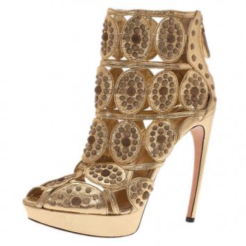 Alexander McQueen Gold Studded Cutout Platform Ankle Booties Size 40
