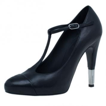 Chanel Black Leather CC T Strap Pumps Size 37.5