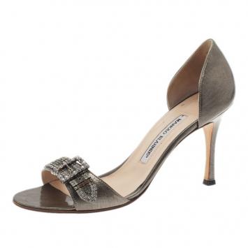 Manolo Blahnik Grey Metallic Leather Crystal Buckle Dorsay Pumps Size 38