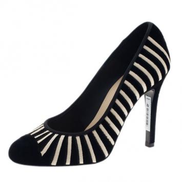 Chanel Black Velvet Striped Pumps Size 37.5