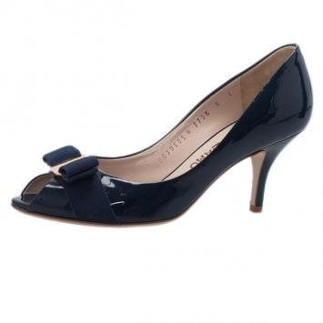 Salvatore Ferragamo Blue Patent Vara Bow Peep Toe Pumps Size 36.5
