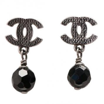 Chanel CC Black Crystal Drop Silver Tone Earrings