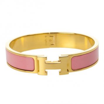 Hermes Clic-Clac H Pink Enamel Gold Plated Bracelet PM