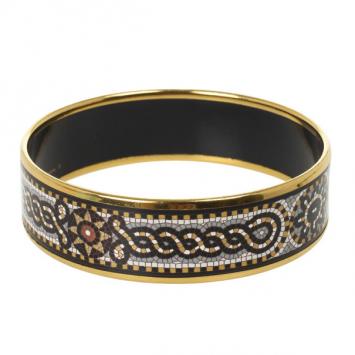 Hermes Mosaic Printed Enamel Gold Plated Wide Bracelet