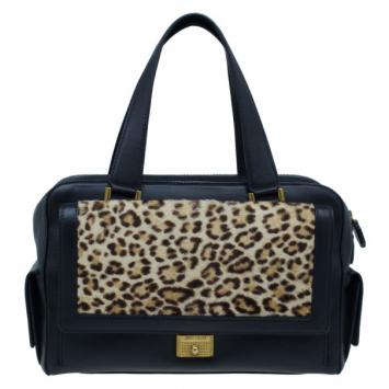 Jimmy Choo Black Leather and Leopard Print Pony Hair Catherine Satchel