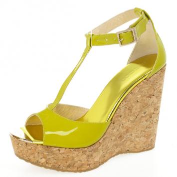 Jimmy Choo Yellow Patent Leather Pela Cork Wedge Sandals Size 39 