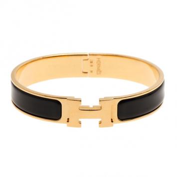 Hermes Clic Clac H Black Enameled Gold-Plated Bracelet PM