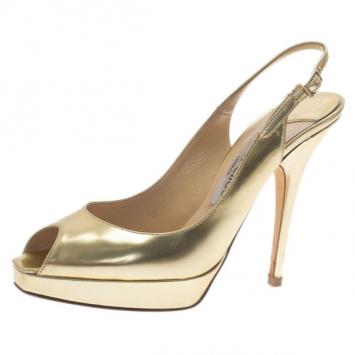 Jimmy Choo Gold Metallic Leather Clue Platform Slingback Sandals Size 38.5