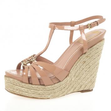 Christian Dior Nude Patent CD2 T Strap Espadrilles Wedges Size 38.5
