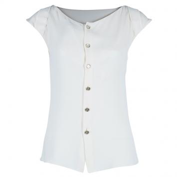 Pre Owned Chanel White Button Down Short Sleeve Top M