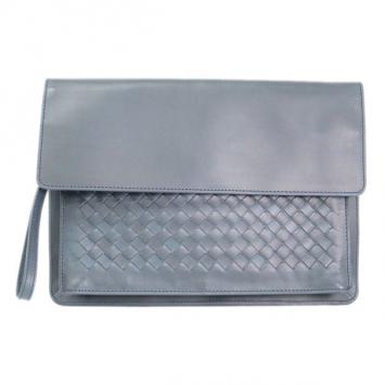 Bottega Veneta Grey Leather Flap Intrecciato Clutch