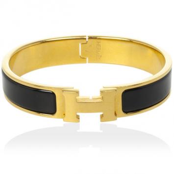 Hermes Clic H Black Enameled Gold Plated Bracelet