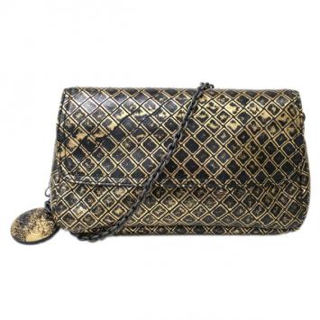 Bottega Veneta Black and Gold Intrecciomirage Leather Chain Shoulder Bag