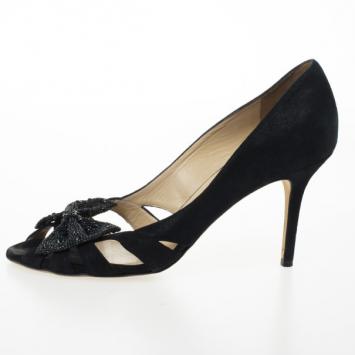 Jimmy Choo Black Talva Shimmer Suede Peep Toe Pumps Size 41