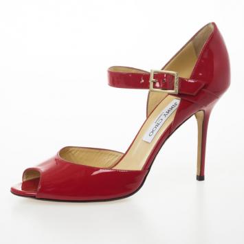 Jimmy Choo Red Patent Lace Peep Toe Mary Jane Pumps Size 41