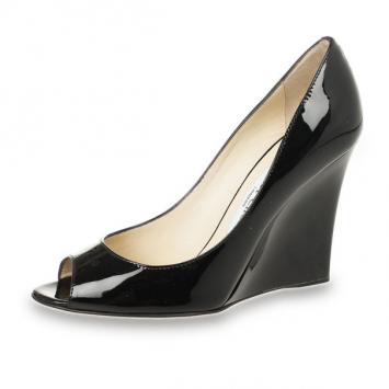 Jimmy Choo Black Patent Bello Peep Toe Wedges Size 37