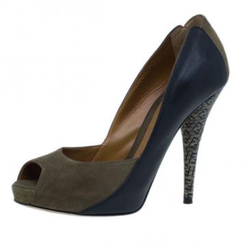 Fendi Olive Suede and Leather Peep Toe Platform Pumps Size 36