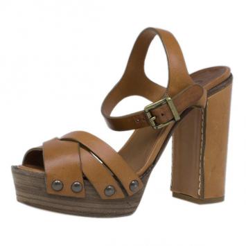 Chloe Brown Leather Elah Platform Sandals Size 36.5