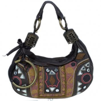 Chloe Brown Multicolored Embroidery Crescent Hobo
