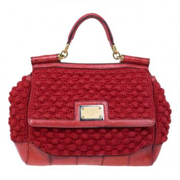 Dolce and Gabbana Red Miss Sicily Classic Crochet Python Trim Bag
